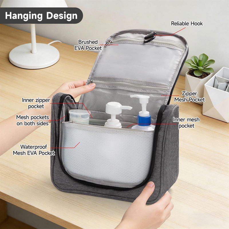 Posprica Hanging Toiletry Bag with Hook - Waterproof Travel Organizer with Multiple Compartments, Portable Cosmetic Makeup Bag for Women Men, Bathroom Gym Travel