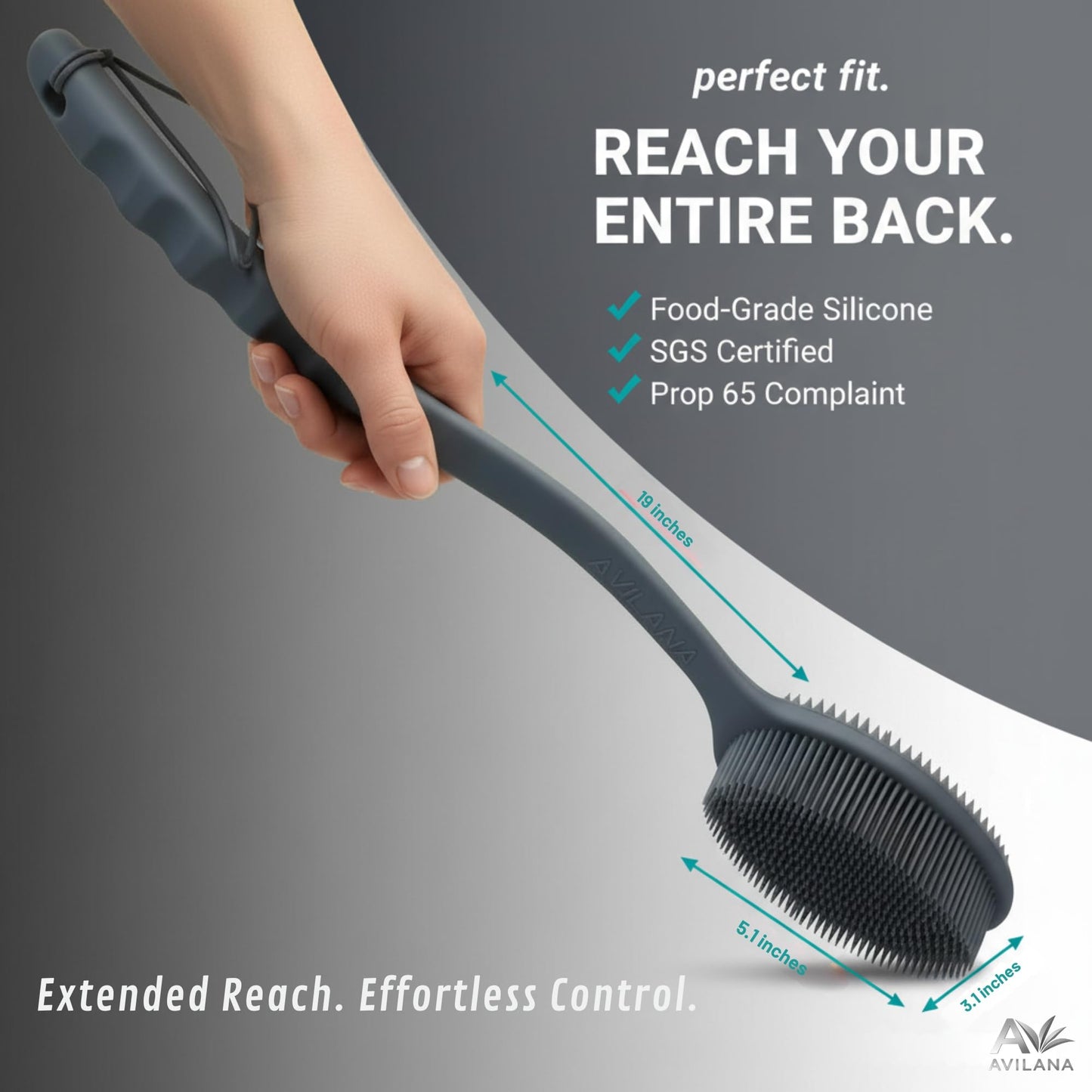 Avilana Premium Back Scrubber Long Handle 19 Inch - Trusted Since 2017 - SGS Certified Silicone Bath Brush, Dual Sided Exfoliating Body Brush Extended Reach Back Washer Women Men Seniors Gift