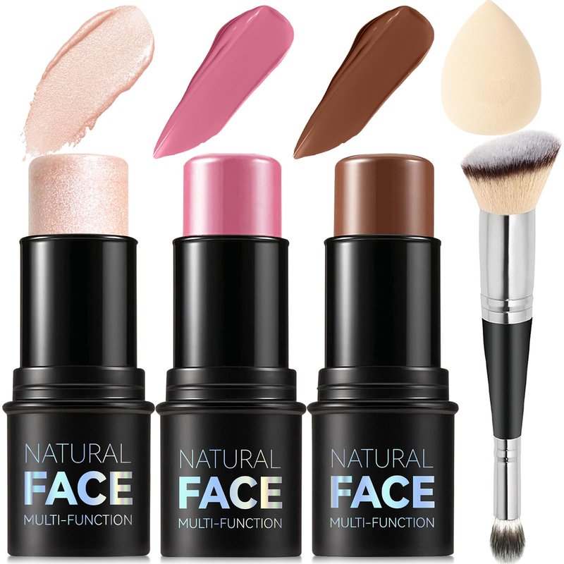 3Pcs Cream Contour Stick Makeup Kit, Shades with Highlighter, Blush and Bronzer Contour Stick for Sculpt the Cheeks, Long Lasting, Waterproof, Matte & Dewy Finish (LIGHT MEDIUM(2+5+6))