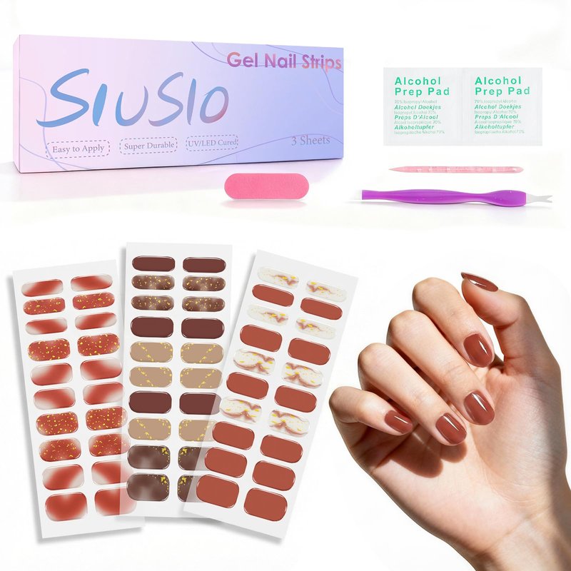 SIUSIO 3pcs Semi Cured Gel Nail Strips Burgundy Red with Gold Glitter, UV Press On Gel Nail Wraps for Women Girls DIY, Easy Apply & Remove, Valentine’s Day & Christmas Nail Art