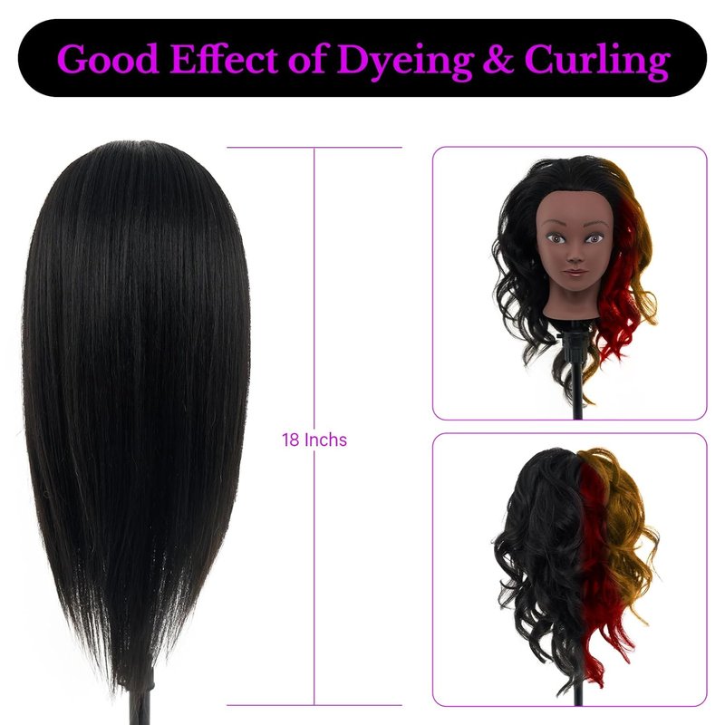 Real Hair Mannequin Head - 18” Human Hair Cosmetology Training Doll for Styling, Dying & Braiding | Black