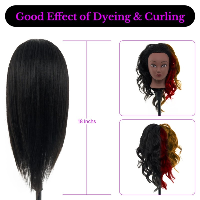 100% Mannequin Head Human Hair,18" Real Hair Mannequin Head,Cosmetology Manikin Doll Head for Hair Styling,Practice Dying, Braiding Curling Training Head with Table Clamp,Black