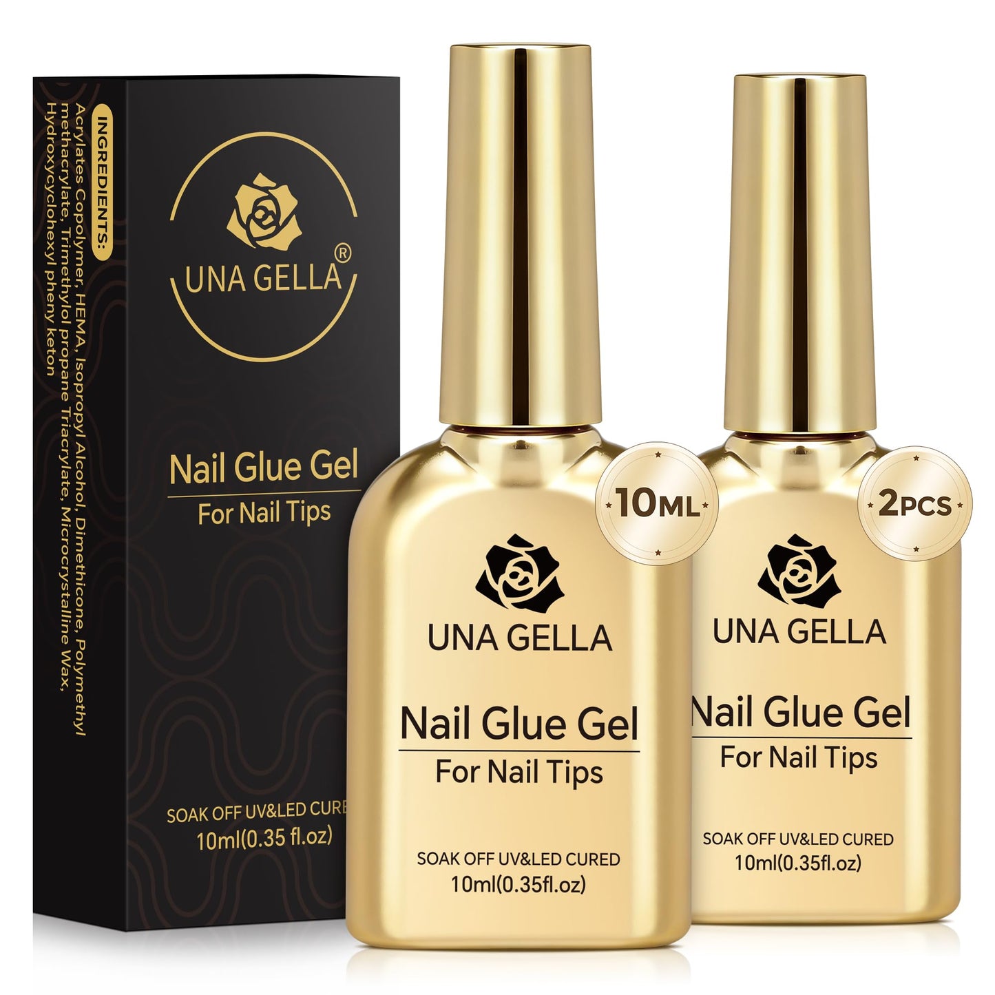 UNA GELLA 9 in 1 Gel Nail Glue for Clear Acrylic Nails Tips 2Pcs 10ml Long Lasting Super Strong Brush on Nail Gel Glue for False Press on Nails Tips Base Blooming Gel, U V Light Required