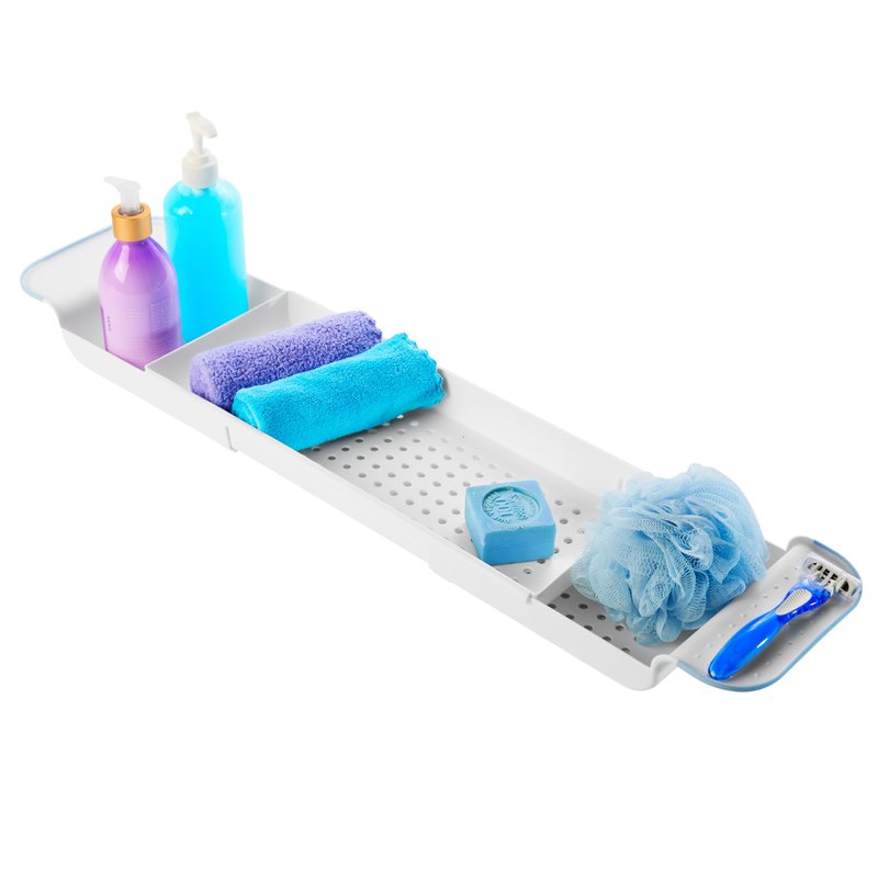 madesmart Expandable Bathtub Tray, Adjustable Bath Caddy & Over Tub Organizer Shelf for Bath Accessories, Soap, Razors, Towels, Toys & Toiletries, Non Slip Silicone Grip, Drainage Holes, Blue