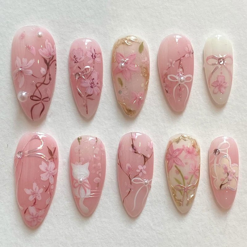 Pink Flower Press-On Nails - 30 Pcs Medium Almond with 3D Rhinestones & Gold Glitter | Spring Cat Design