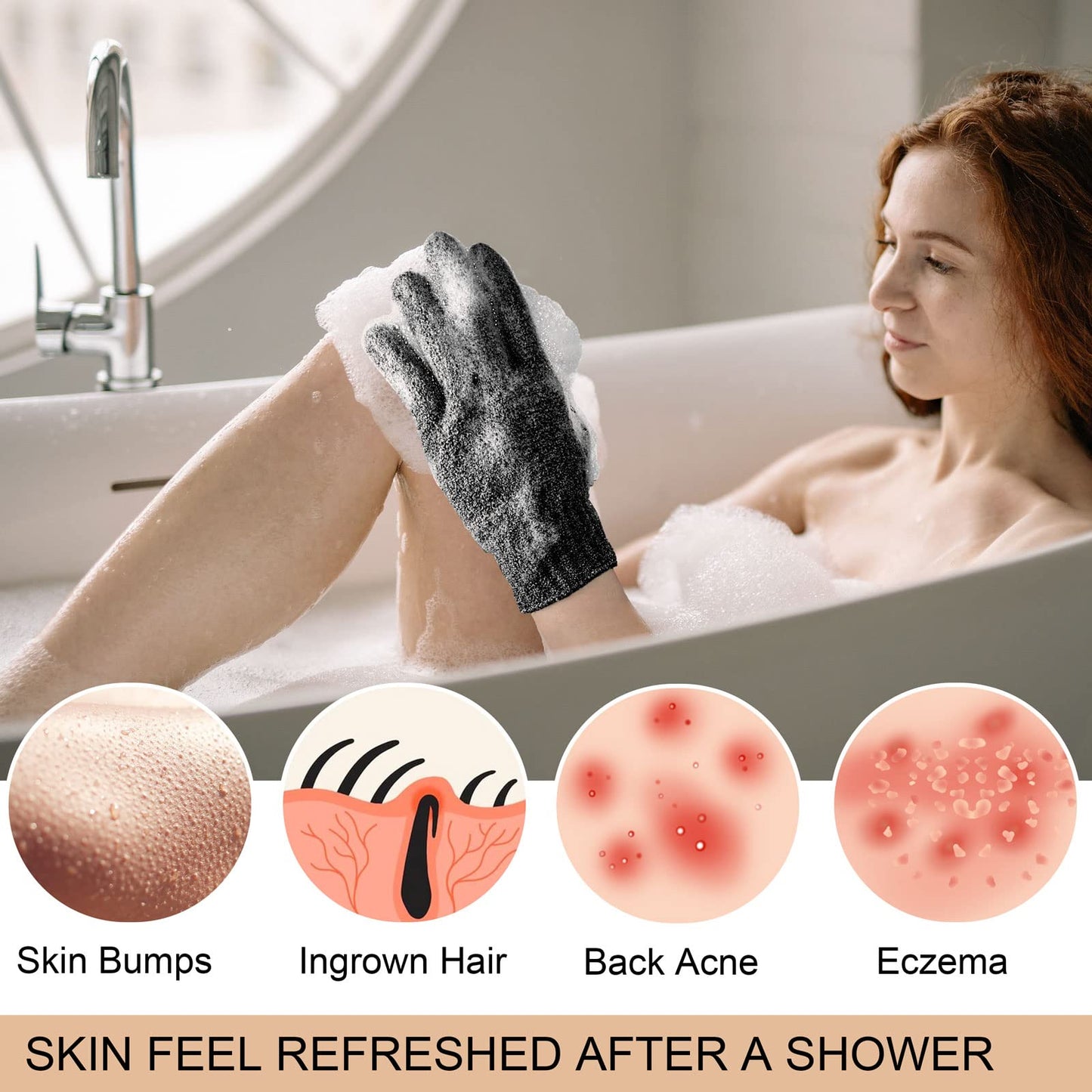 MIG4U Exfoliating Shower Gloves 2 Pairs, Bath Scrub Glove Medium to Heavy Body Dead Skin Removal, Deep Exfoliate Sponge Loofah for Women and Men, Grey+Black
