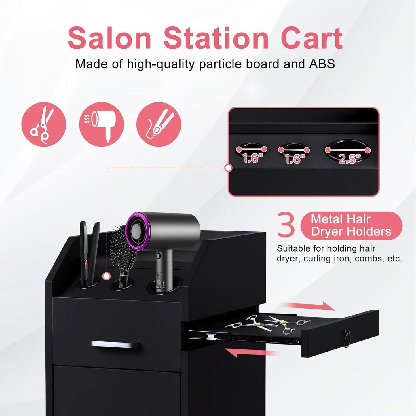 Winado Hair Salon Storage Cart - Mobile Makeup Case with Wheels, 3 Dryer Holders & 4 Drawers | Black