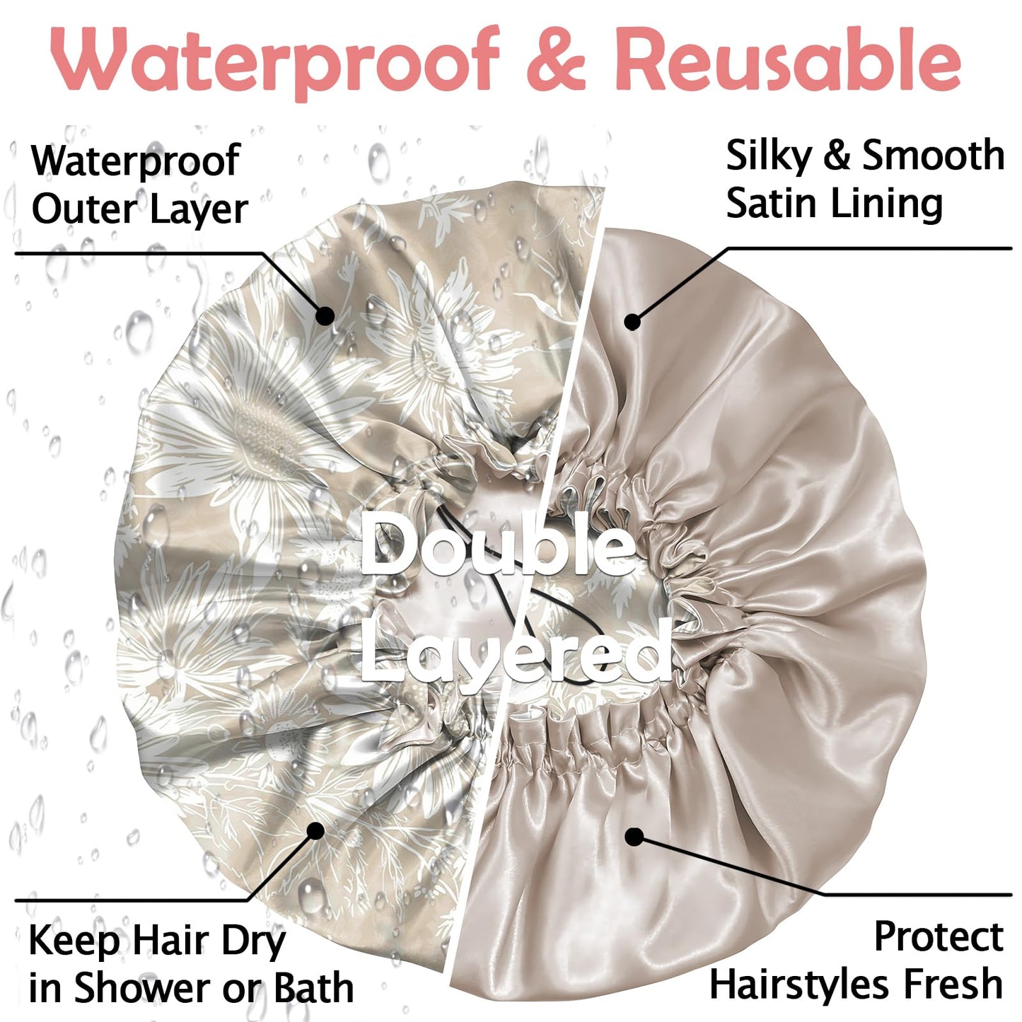Cabreche Luxury Shower Cap Satin Silk Lined Adjustable Elastic Reusable Waterproof Shower Bath Cap Cute for Women Girls-Golden Sunflower