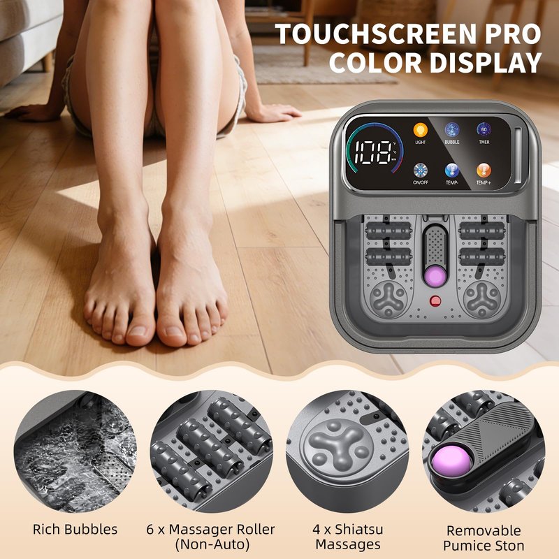Omnqira Collapsible Foot Spa Bath with Heat and Bubbles, Portable Foot Soaker Tub with XL Touch Screen, Temp Control & Massage Rollers, At-Home Pedicure Spa for Stress Relief