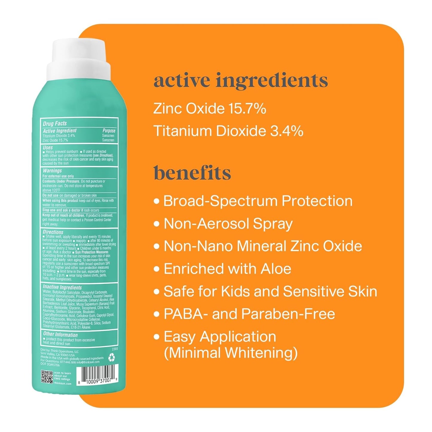 Thinksport Kids Sunscreen Spray - SPF 50 Mineral Protection | Water-Resistant, 6 Fl Oz, Natural Zinc Oxide