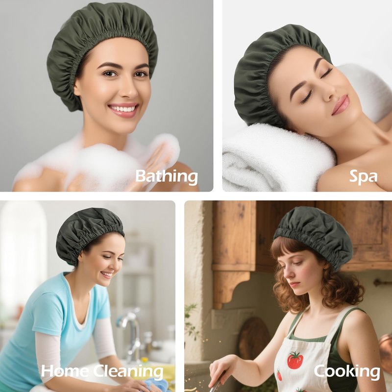 Shower Cap for Women Reusable Waterproof, Large Bath Cap with Elastic Band, Hair Caps for Long Hair and Braids, Green