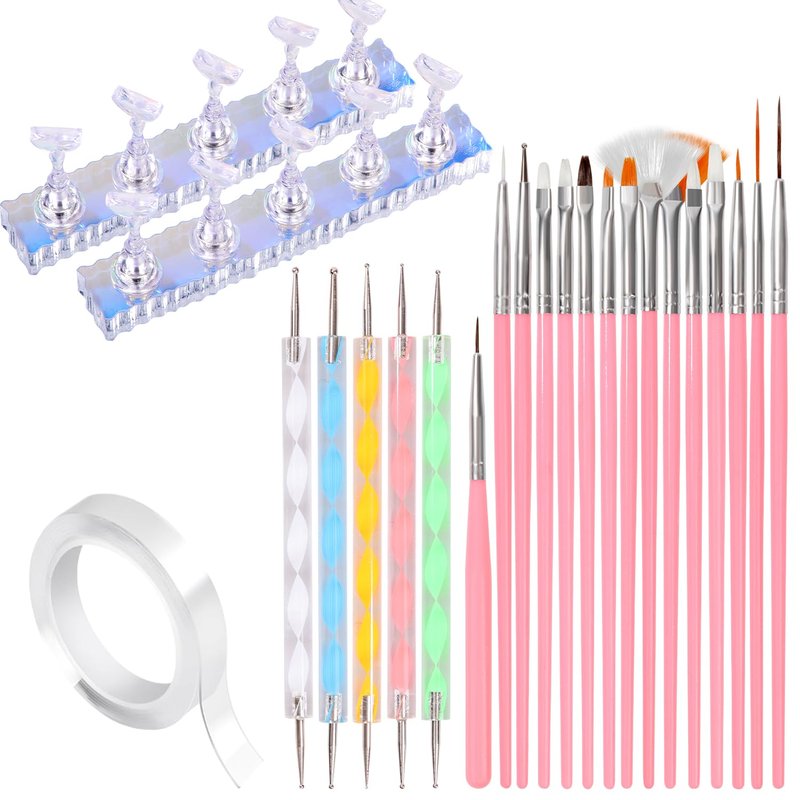 Komall Nail Art Tools, Nail Holder for Painting Nails, 15 PCS Nail Art Brushes, 5 PCS Nail Dotting Tool, Nail Stand for Home DIY & Salon Nail Art Design