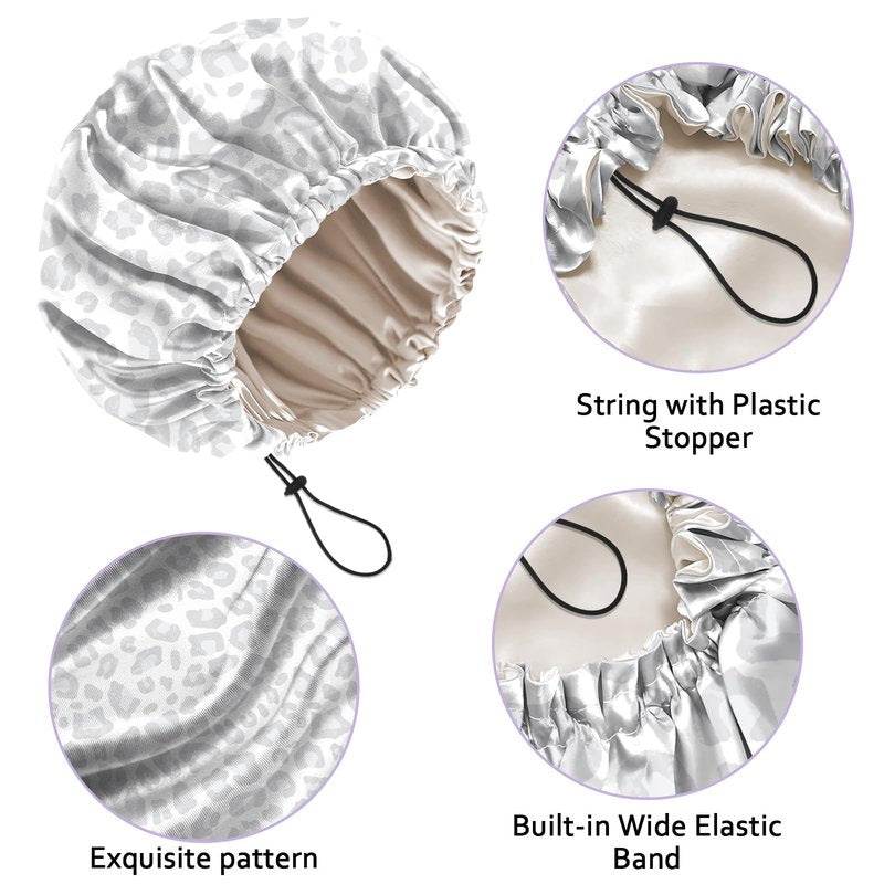 Deokke Luxury Shower Cap Silk Satin Lined Waterproof Reusable Adjustable Elastic Dry Hair Bathing Caps Cute for Women Girls-Gray Cheetah Leopard