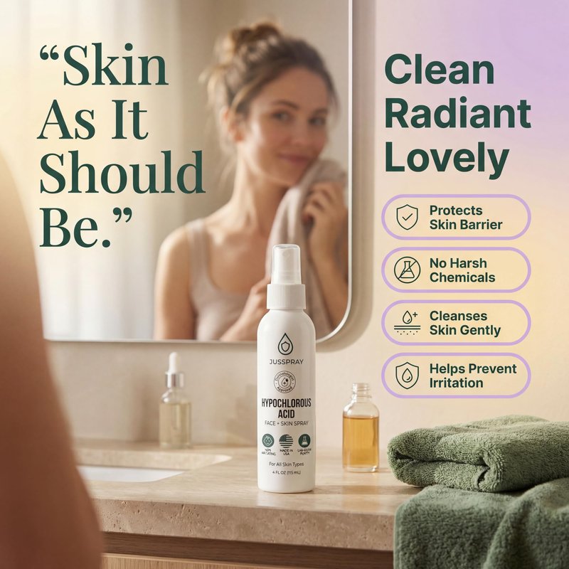 Jusspray™ Hypochlorous Acid Spray for Face and Skin | HOCI Facial Cleanser Mist | 4 oz Hypochlorous Acid for Face, Skin, Acne, Eczema, Body Acne Sprays, Piercing Aftercare, Wound Solution