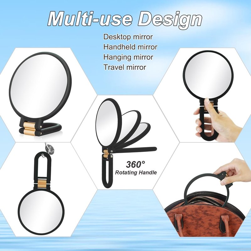 20x Magnifying Travel Mirror - Double-Sided Handheld Makeup Mirror with Foldable Handle | Portable Black Design