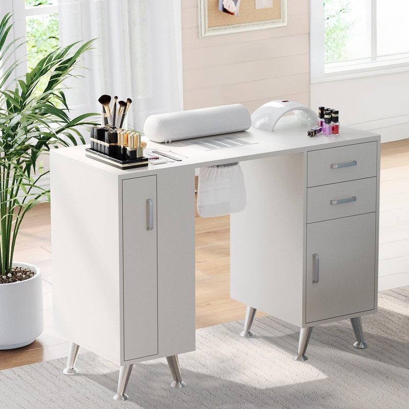 GarveeLife Professional Manicure Table with Dust Collector & Wrist Rest, Vertical Pull-Out Locker Nail Desk with 2 Drawers & 1 Cabinet, Nail Table Salon Station for Home Beauty Center, White