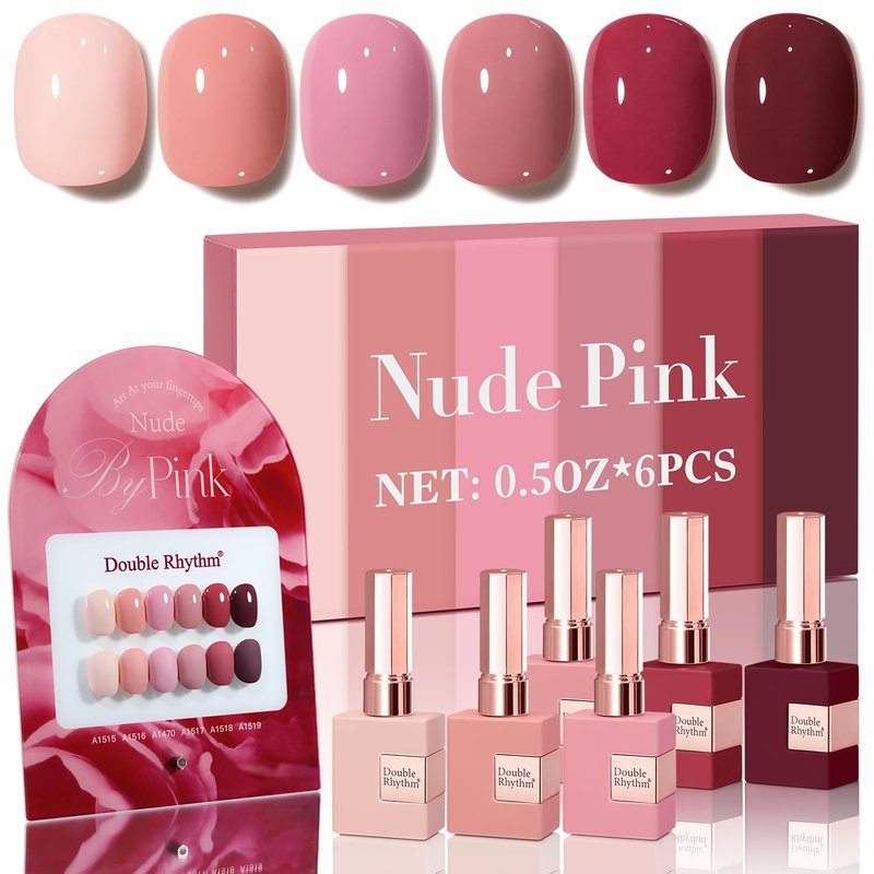 Double Rhythm Gel Polish Set - 6 Pcs 15 ML Soak Off Nail Art Kit for DIY Manicure | Burgundy, Nude, Pink, Purple, Beige