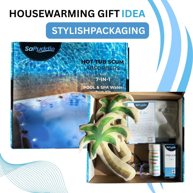 Premium Pack of 2 Hot Tub Scum Absorber for Swimming Pools with 150 Water Test Strips - Pool Scum Absorber for Spa Hot Tubs - Washable Scum and Oil Absorbing Sponges for Pools Sponge Oil Absorber