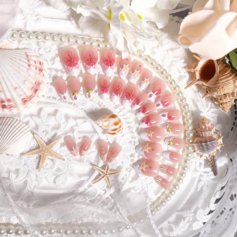 30Pcs Summer Beach Short Almond Press On Nails Pink Floral Starfish French Tips Fake Nails with 3D Flower & Pearl Decor Cute Handmade Acrylic Nails Glossy Reusable False Nails for Women Vacation Nail
