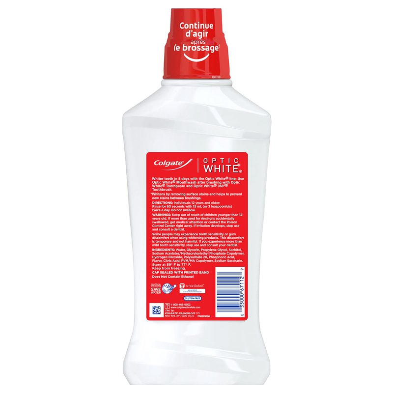 Colgate Optic White Advanced Teeth Whitening Mouthwash, 3 Pack, 2% Hydrogen Peroxide, Alcohol-Free and Enamel Safe, ICY Fresh Mint, 32 Oz