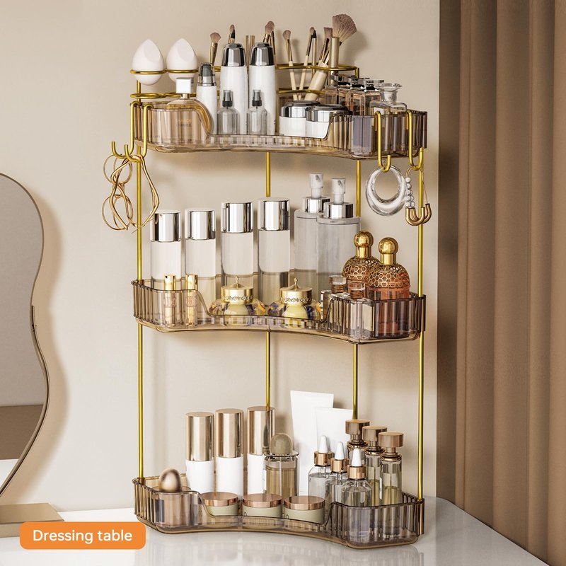 Greenby 3-Tier Corner Bathroom Counter Organizer，Makeup & Skincare Shelf with Built-in Brush Holder，Space-Saving Bathroom Countertop Organizer for Skincare, Perfume, Cosmetics(Amber)
