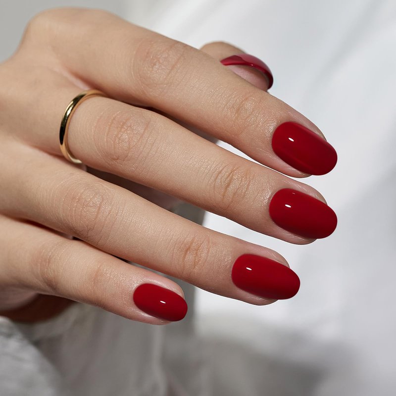 BTArtbox Press On Nails Short - Red Press on Nails Short Oval Nails Fake Nail with Nail Glue, Fit Perfectly, Reusable Glue On Nails in 16 Sizes, Cardinal