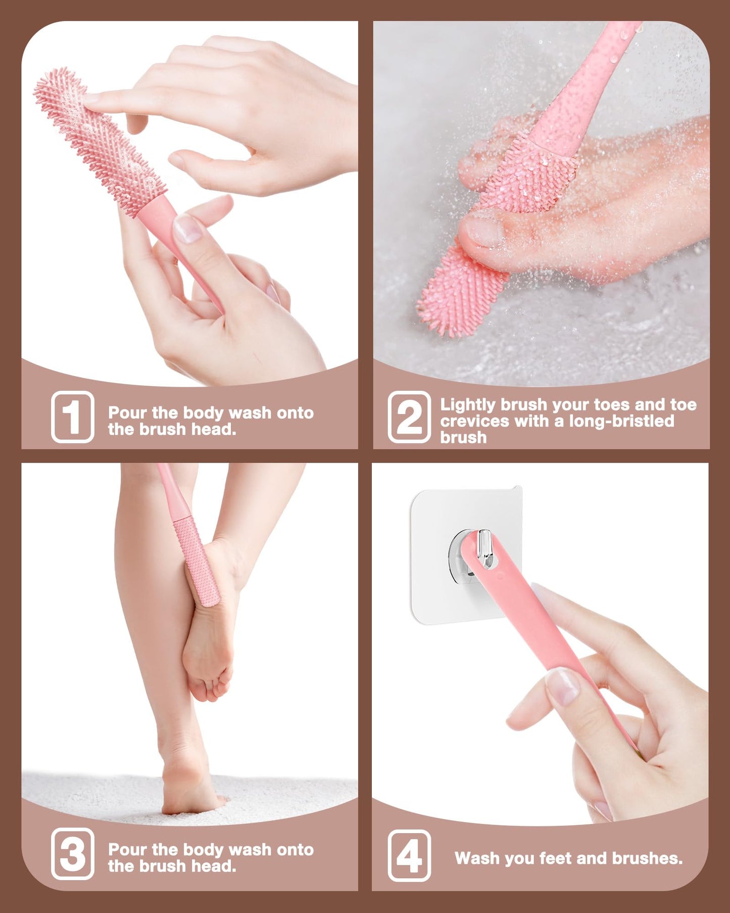 Demarzily Toe Cleaning Brush,Foot Scrubber for Shower with 15.7" Long Handle Soft Silicone Cleaning Shower Brush Foot Care for Seniors,Elderly, Men and Women (Grey+Pink)