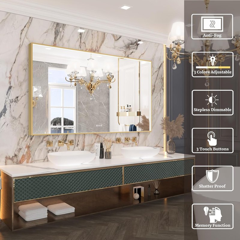 Gold Metal Framed LED Bathroom Mirror by [Brand Name] - 55x32 Inch Lighted Vanity Mirror with Anti-Fog & Dimmable Features