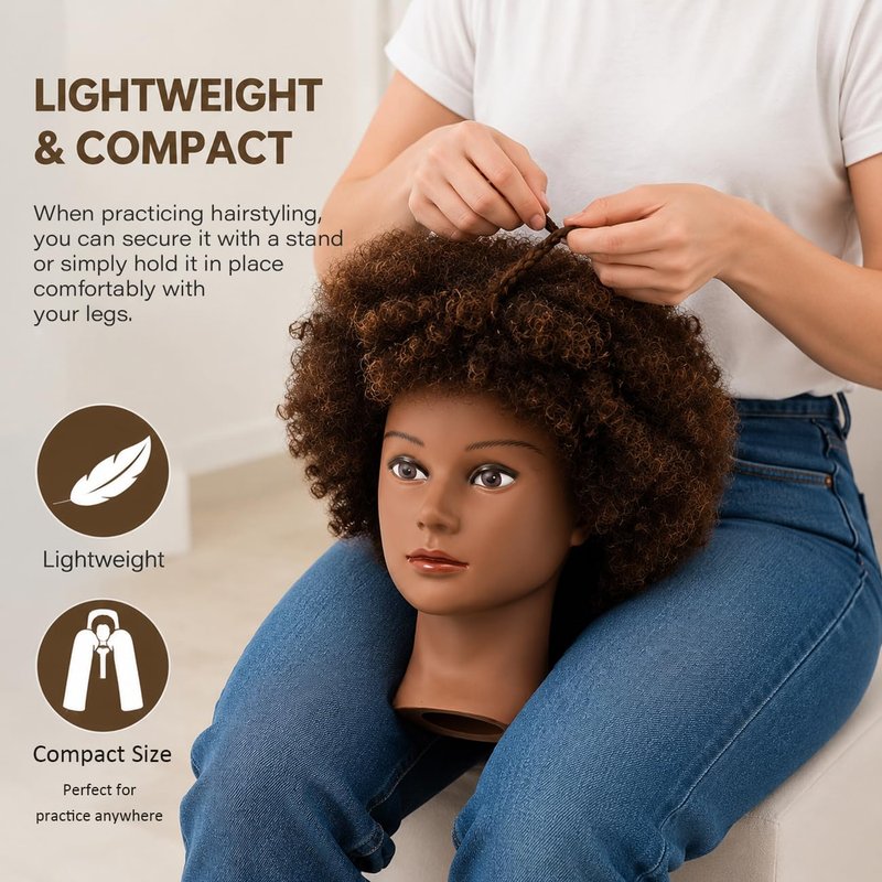 headdoll Afro Curly Mannequin Head with 100% Human Hair Curly Hair Hairdresser Hair Styling Cosmetology Manikin Head Doll head for Hairdresser Practice Styling Dye Braiding with Clamp Stand