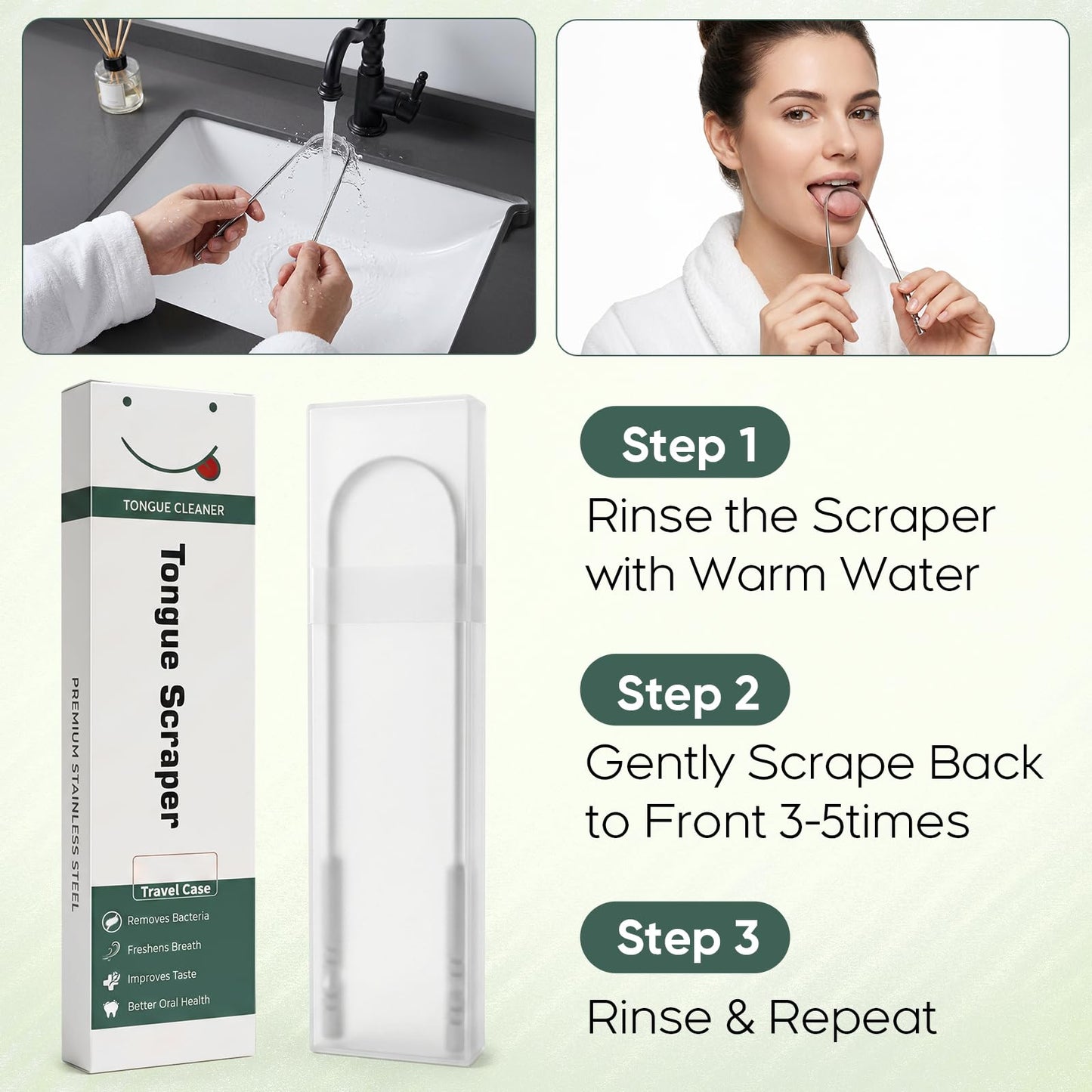 AYOJOY Tongue Scraper with Travel Case, Stainless Steel Tongue Cleaner for Daily Oral Care Routine, Easy to Use, Portable Design