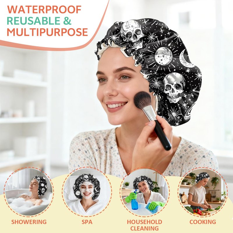 BHAHB Shower Cap Reusable Double Layer Adjustable Elastic Waterproof EVA Hair Bath Caps for Women Girls Cute Aesthetic-Skull