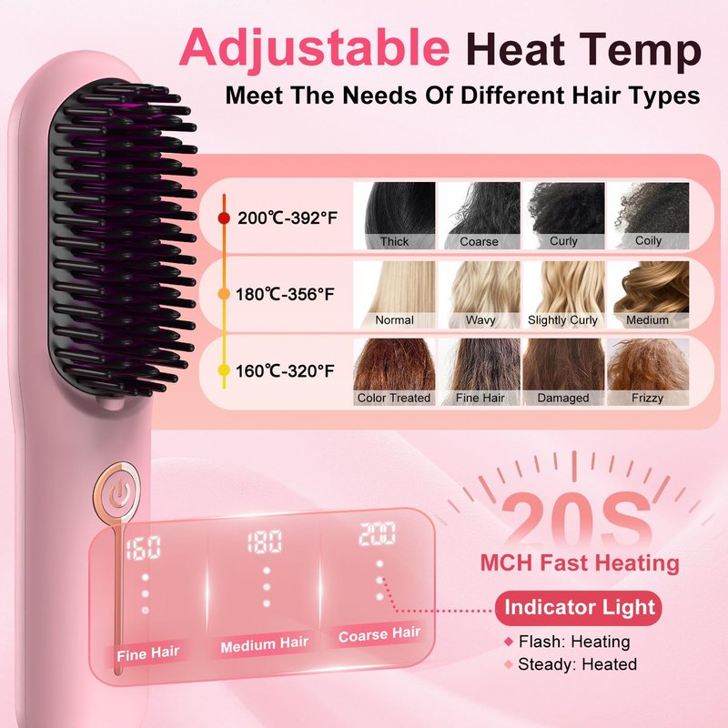 Cordless Hair Straightener Brush, Portable Ionic Plus Frizz-Free Straightening Brush, Rechargeable Touch Up On-the-Go Brush, MCH Fast Heating, 5D Dense Bristles, Auto-Off, Anti-Scald for Women Travel