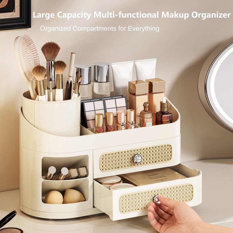 Hoiwio Makeup Organizer for Vanity with 360° Rotating Removable Brush Holder - Bathroom Countertop Dresser Organization, Beauty Cosmetic Storage with Drawer for Skincare, Perfumes, Lipsticks