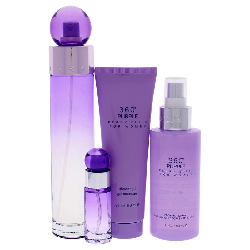Perry Ellis 360 Purple Women’s EDP Gift Set - 4-Pc Fragrance & Body Care Collection | 3.4oz Spray, Mini 7.5ml, 4oz Mist, 3oz Gel