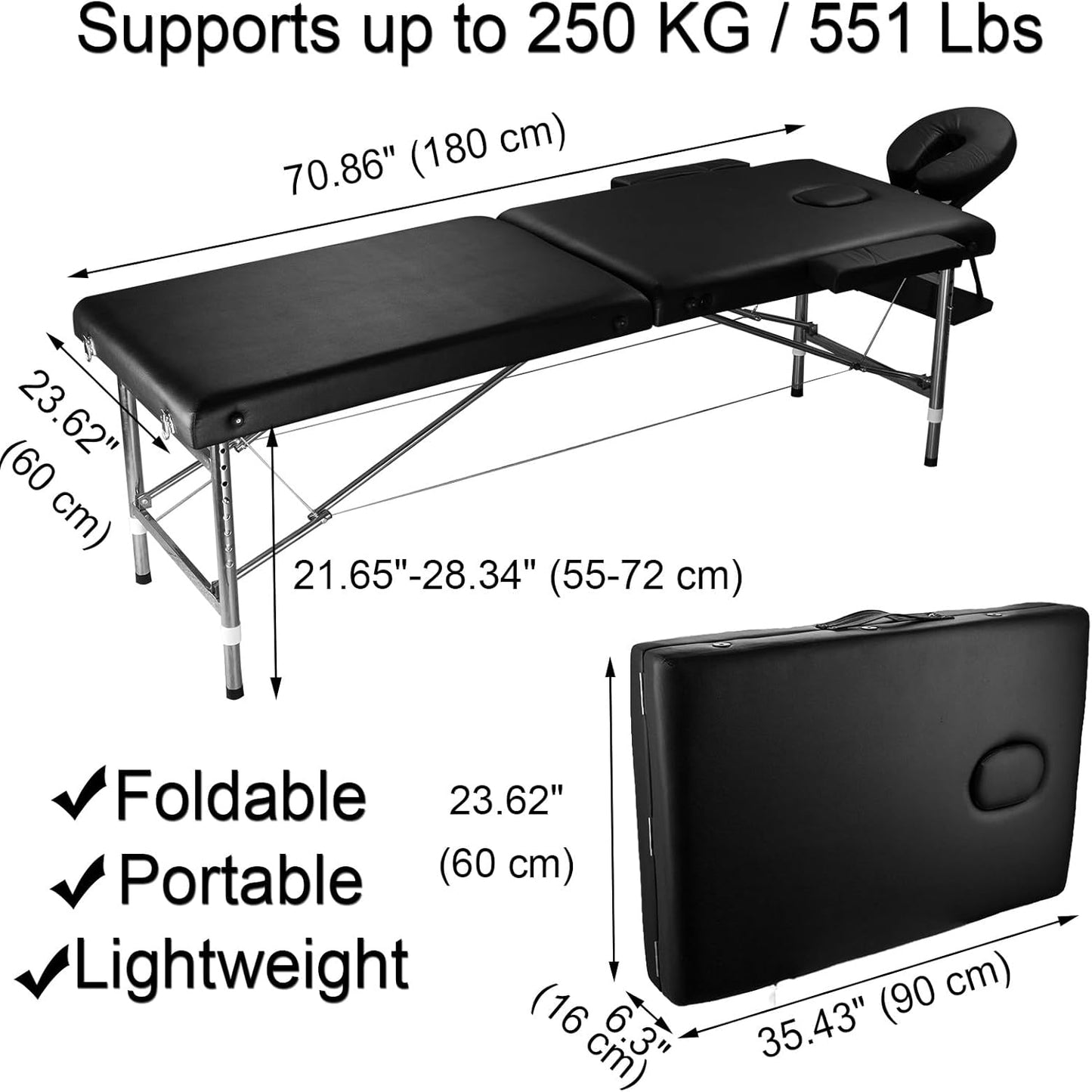 Skiennix Portable Massage Table - Foldable Spa Bed with Adjustable Height | Lightweight Black Design for Estheticians