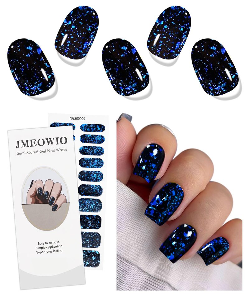JMEOWIO Gel Nail Stickers Dark Blue Semi Cured Gel Nail Strips Wraps UV/LED Nails Art Design Decoration Accessories