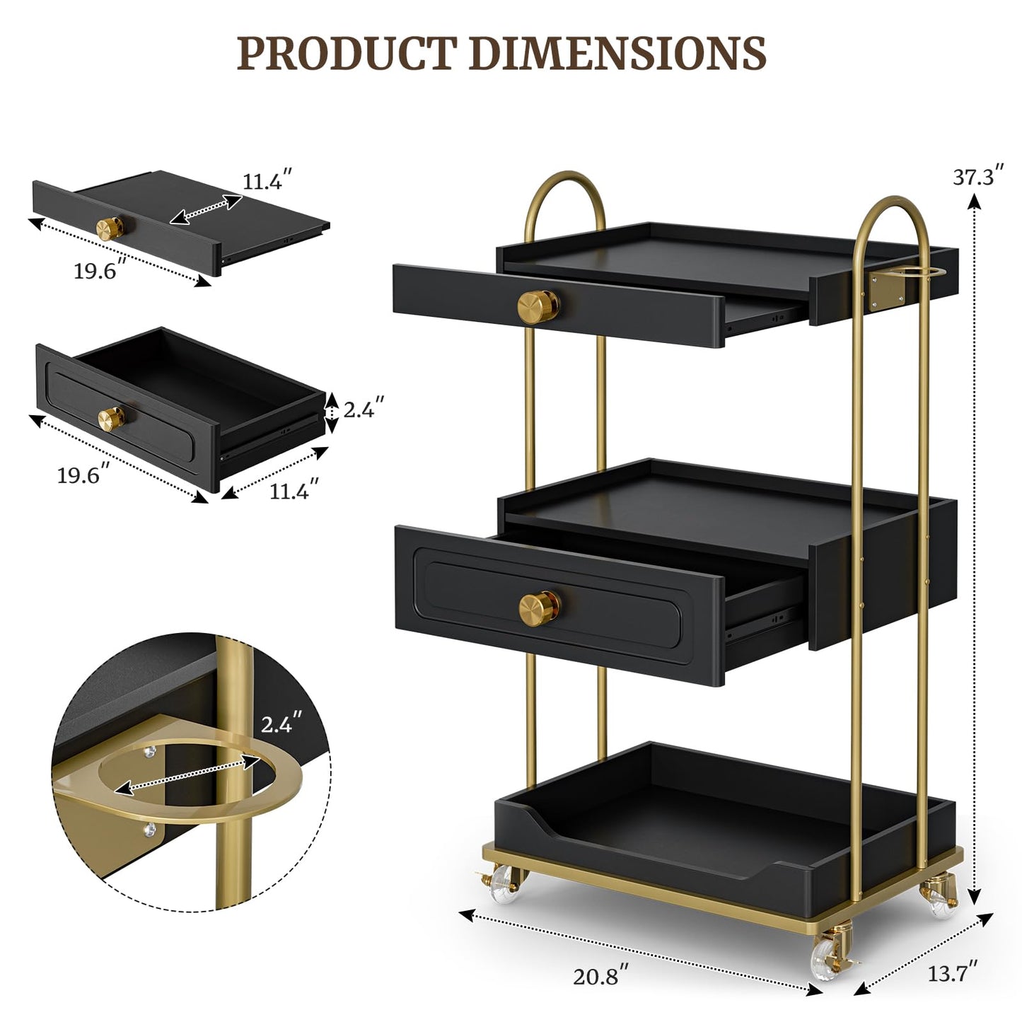 TTGIEET Barber Salon Trolley Cart w/Lockable Wheels, 3-Tier Rolling Beauty Cart with 2 Drawers & Dryer Holder, Mobile Beauty Trolley for Beauty Spa Barbershop(Black)