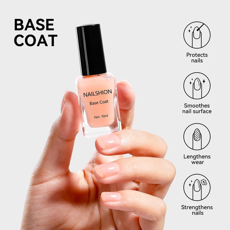 Nailshion Sheer Nude Base Coat and Clear Top Coat Nail Polish Anti Chip Ridge Filler Strengthening, Non Gel, Rich in Castor Oil & Calcium, Salon Quality, Vegan, Quick Dry High Glossy DIY Nail Art Gift
