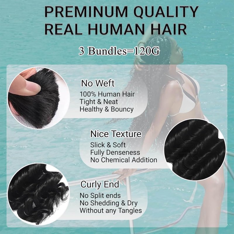 Skiennix 26-Inch Human Braiding Hair - 120g 12A Deep Wave Bulk Curly Bundles for Knotless Boho Braids | Natural Color, 3 Bundles/Pack
