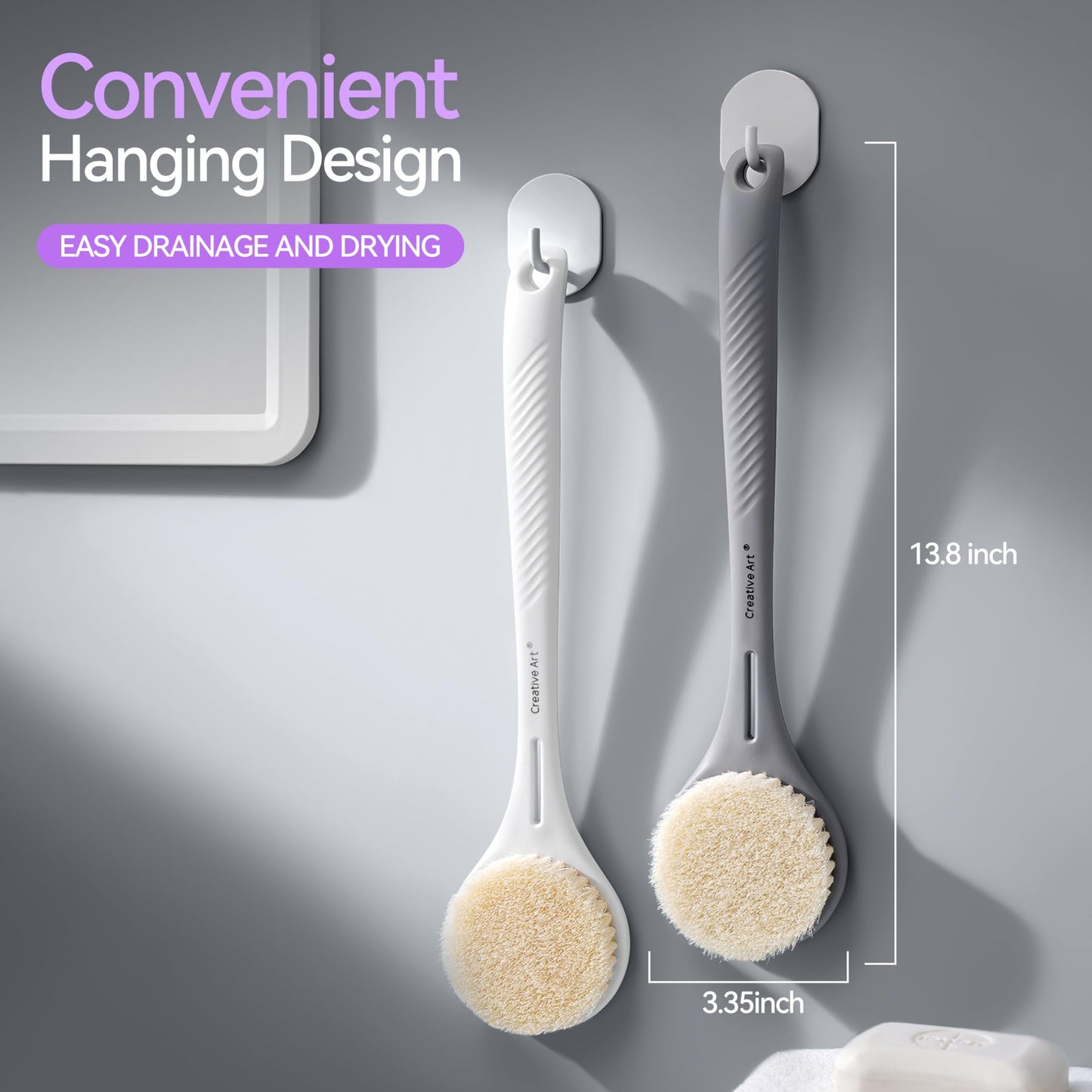 Back Scrubber for Shower for Men Women, Body Brush with Long Handle, Exfoliating Bath Washer with Soft Bristles, Body Exfoliator for Wet or Dry Brushing, Back Scrub Deep Cleaning, Gray