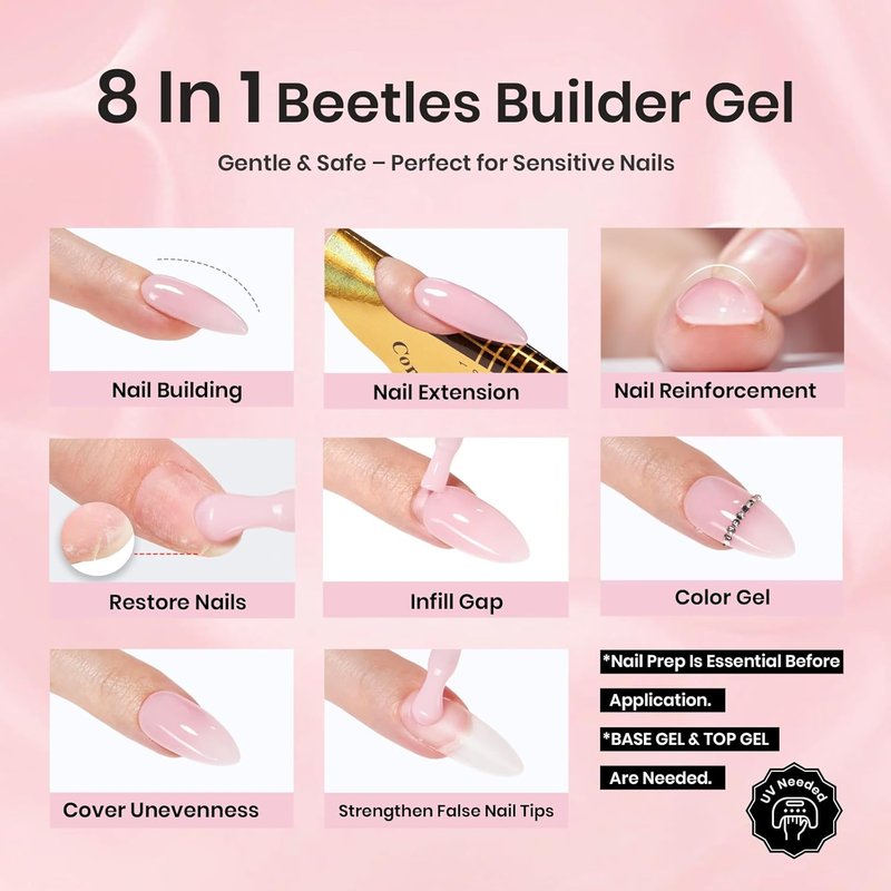 Beetles Builder Gel Set - HEMA-Free Nail Extension Gel | 6 Colors, 8-in-1 Strengthening for DIY Salon Use