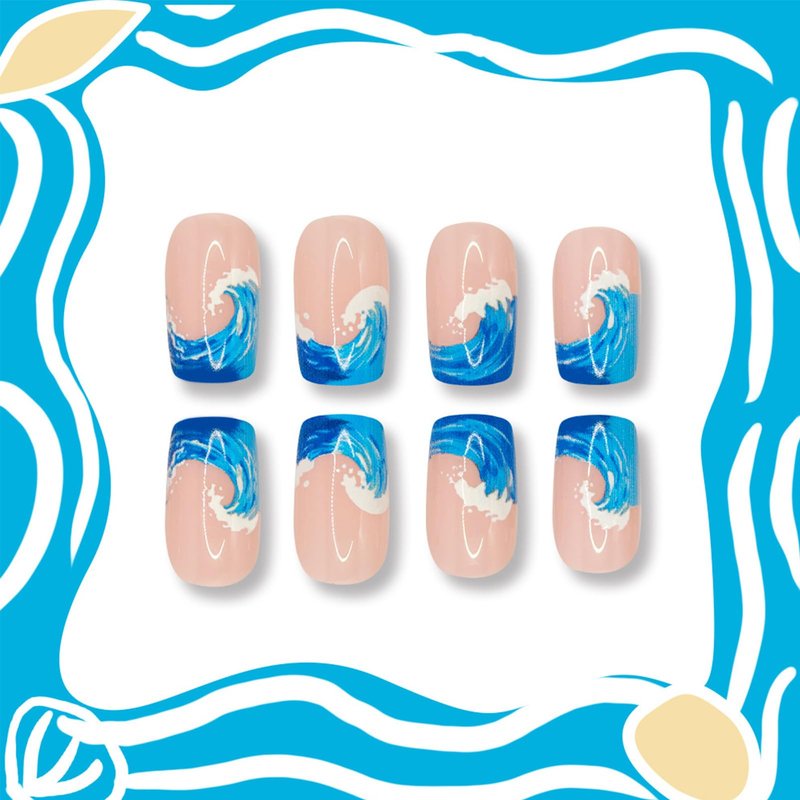 Blue Ocean Press on Nails Medium Square Fake Nails French Tip False Nails with Summer Waves Designs Glossy Full Cover Stick on Nail Reusable Artificial Nails for Women Beach Vacation