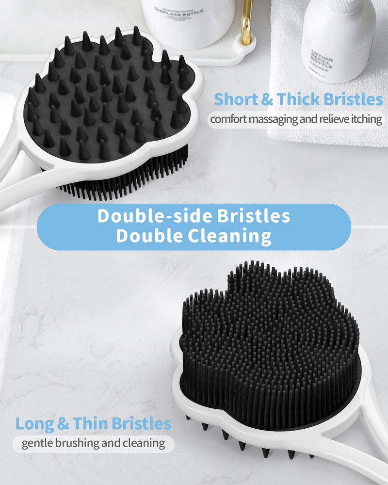 Manmihealth 15.7" Cute Silicone Body Scrubber & Soft Shower Brush Face Scrubber Set (3 PCS), Paw-Shaped Silicone Back Brush & Body Facial Scrubber with Super-Soft Bristles Combination(GraySet)