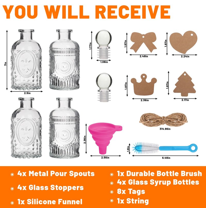 7oz Glass Coffee Syrup Dispenser, 4-Pack Complete Set with Funnel, Brush, Stoppers & Accessories - Syrup Bottles for Coffee Bar with Metal Pour Spout, Ideal for Maple,Oil, Vinegar,Cooking wine