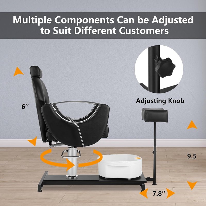 360° Swivel Pedicure Chair - Hydraulic Adjustable Height with Stool & Massage Foot Bath | Black & Silver