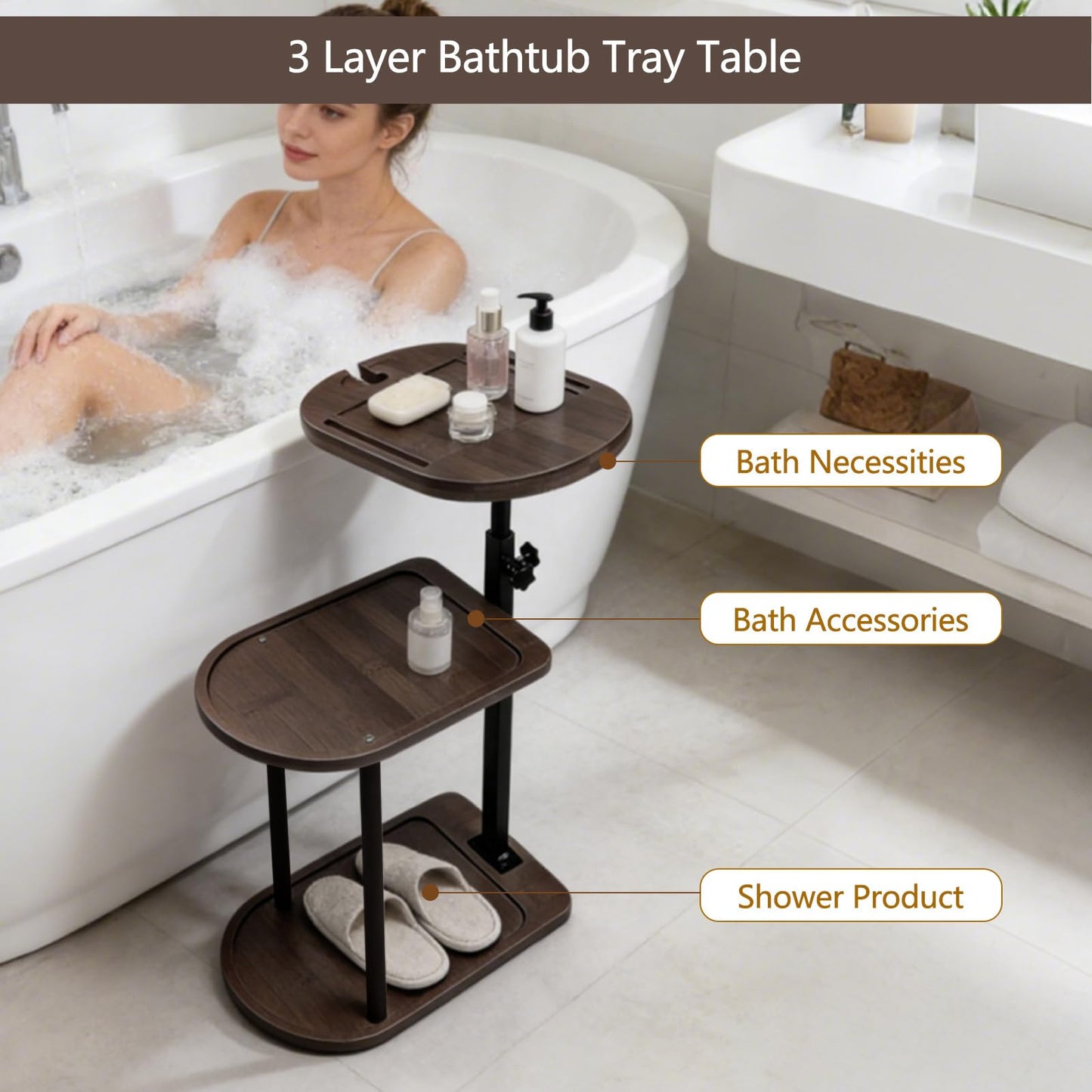 3 Layer Bathtub Tray Table,Bamboo Swivel Bathtub Side Table Height Adjustable,Freestanding Bathtub Tray for Tub Against Wall,Bathtub Accessories&Bathroom Organizer for Luxury Home Spa (Brown)