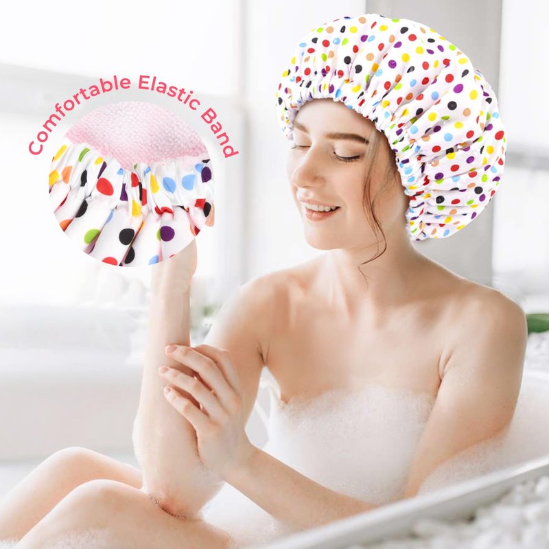 Shower Cap for Women Terry Lined Bath Cap Large Reusable Waterproof Elastic Band Pink Point Shower Caps for Long Thick Hair Soft Bath Shower Hair Caps