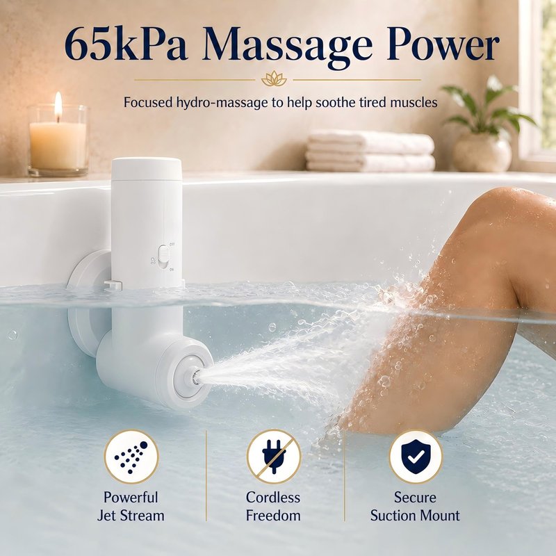 Rechargeable Bath Jets for Tub, Impact Force 65 kPa Bath Jet Spa, Bubble and Flow-Massage Two Mode, Adjustable Speed, Cordless Portable Bathtub Jet for Relaxing Daily Use at Home, White