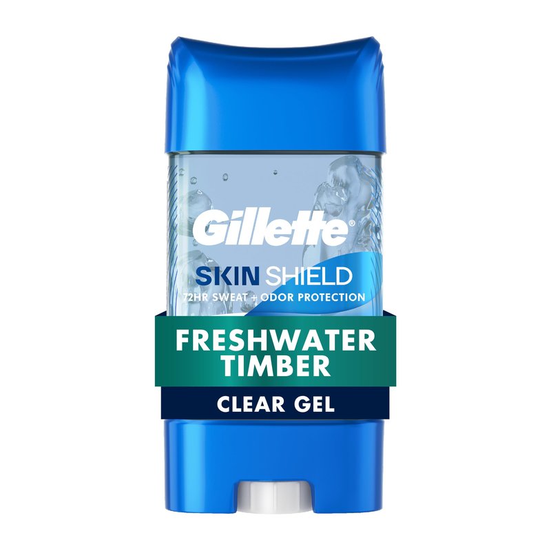 Gillette Antiperspirant Deodorant for Men, SkinShield, 72hr Sweat & Odor Protection, Fights 99% Odor-Causing Bacteria, Soothing Hydration with Vitamin E, Clear Gel, Freshwater Timber Scent, 3.8 oz