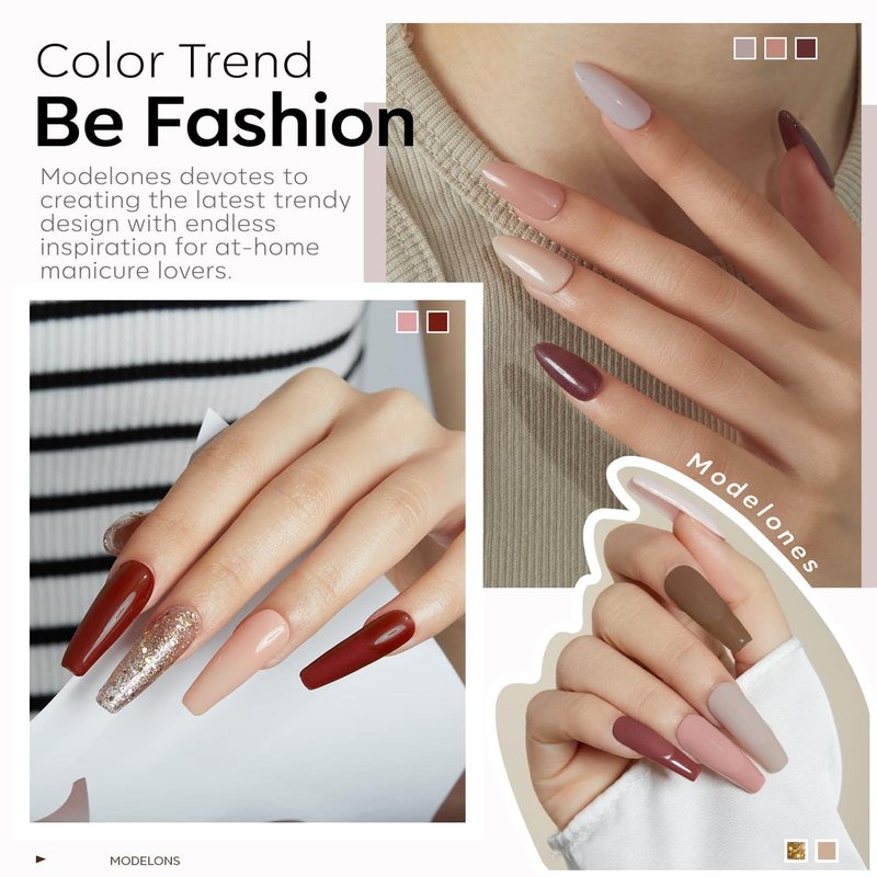 modelones Gel Nail Polish Set, 6 Colors Nude Brown Gel Polish Kit Glitter Champagne Gold Burgundy Wine Dark Red Nail Polish Soak OFF LED Manicure Nail Art DIY Home Salon Gift for Women